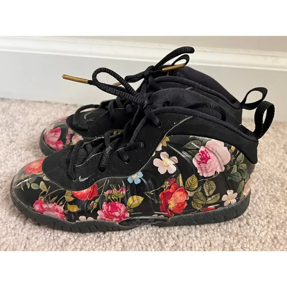 Nike Air Foamposite One Floral Lace-Up Sneakers Black/Black-Metallic Gold 10C